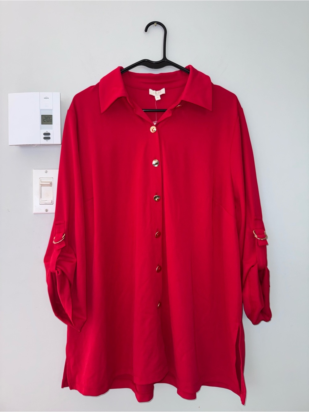 Women’s Red Button-Front Tunic Shirt with Gold Buttons - Laura